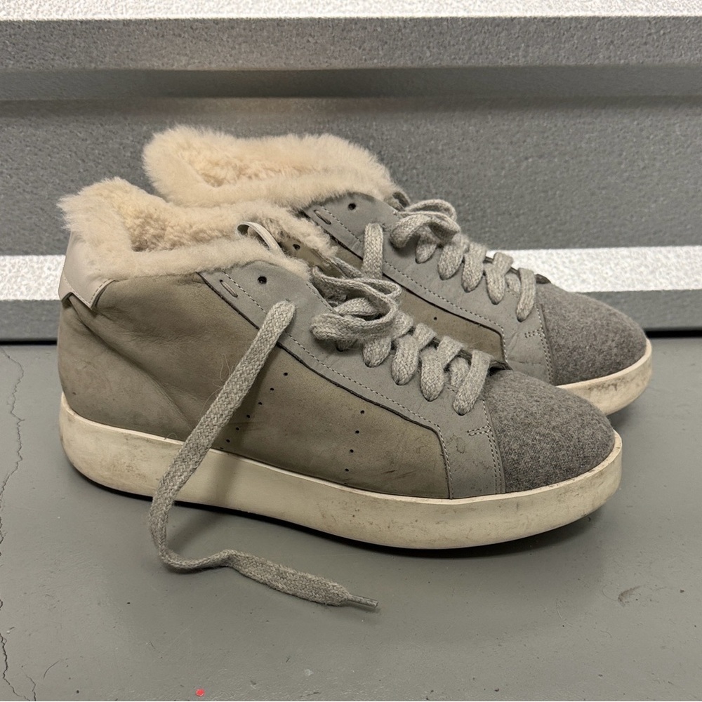 Santoni Womens Gray Faux Fur High Top Sneakers Luxury Size 39.5 Italian Comfort